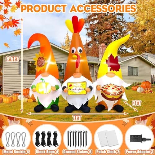 KALOLARY 7FT Thanksgiving Day With Thanksgiving Three Gnome Fall Holidays Yard Inflatable - additional angle