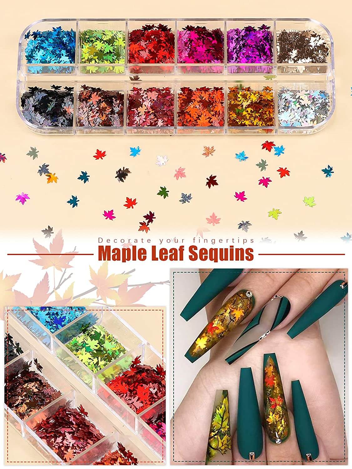 Kalolary Maple Leaves Nail Art Glitter Sequins 3 Boxes(A style)