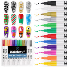 Load image into Gallery viewer, 12 Color 3D Nail Art Pens Set, Kalolary 0.7mm Nail Point Graffiti Dotting Pen Drawing Painting Liner Brush for DIY Nail Art Beauty Adorn Manicure Tools
