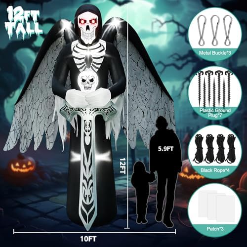 KALOLARY 12FT Skeleton Halloween Yard Inflatable - setup and accessories