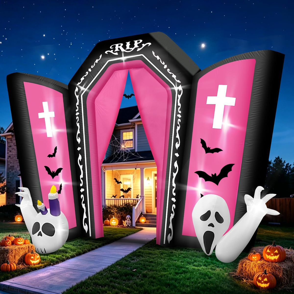 KALOLARY 12.5FT Spooky Gravestone Pink Tombstone Blow Up Scary Halloween Yard Inflatable - package contents