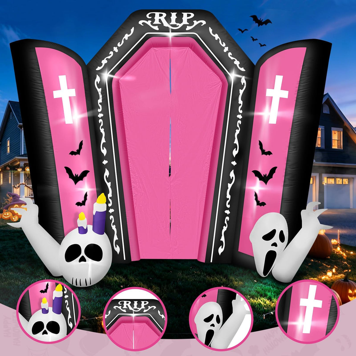 KALOLARY 12.5FT Spooky Gravestone Pink Tombstone Blow Up Scary Halloween Yard Inflatable - detail view