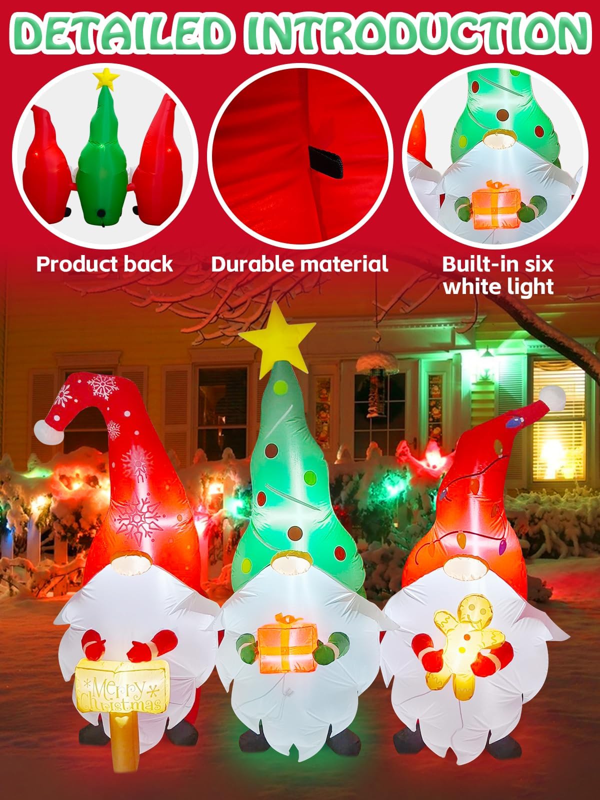 KALOLARY 4FT 7 Dmuchane Dekoracje Świąteczne 3 Gnomy Trzymające Holidays Yard Inflatable - outdoor scene