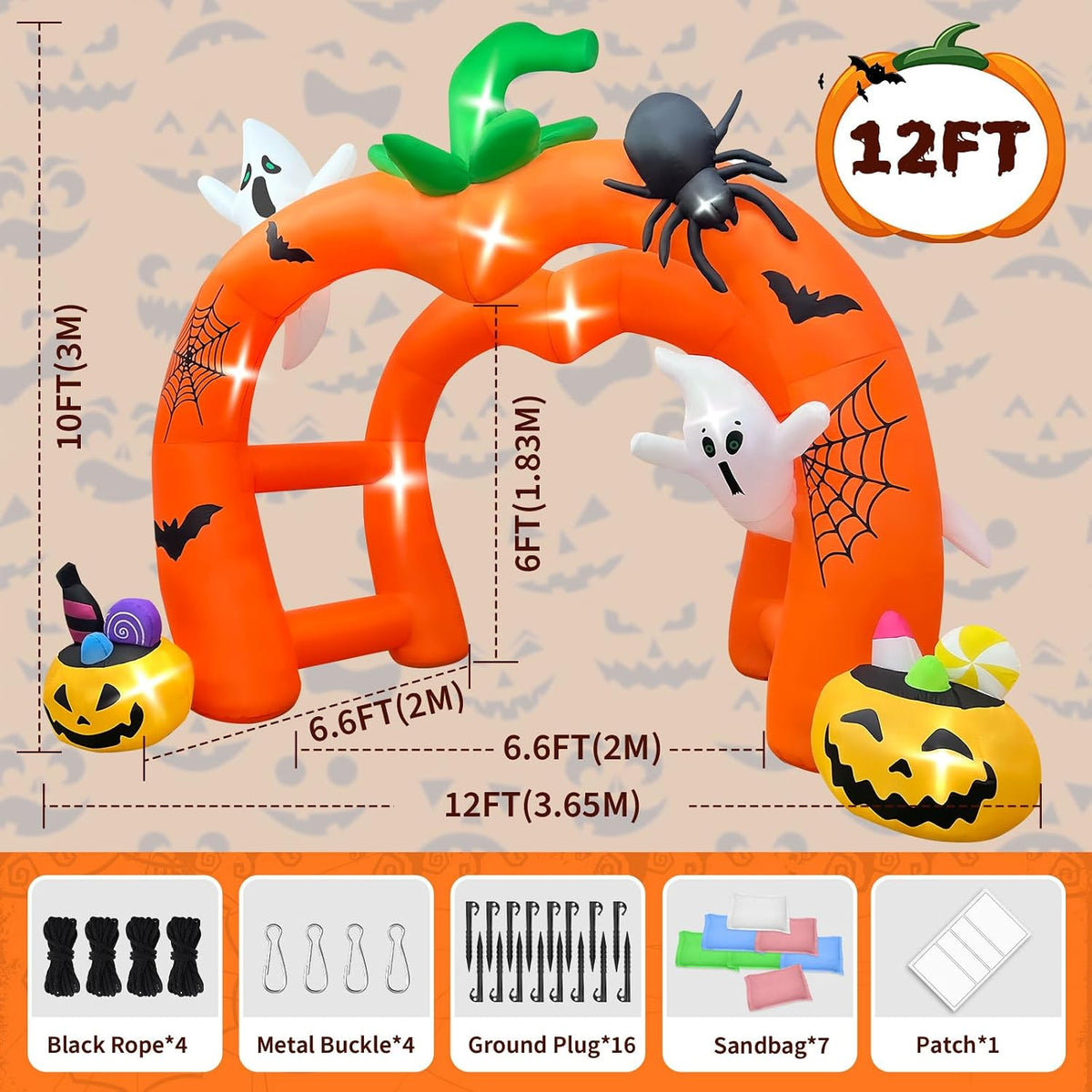 KALOLARY 12FT Pumpkin Tunnel Halloween Inflatable Archway - lighted yard display