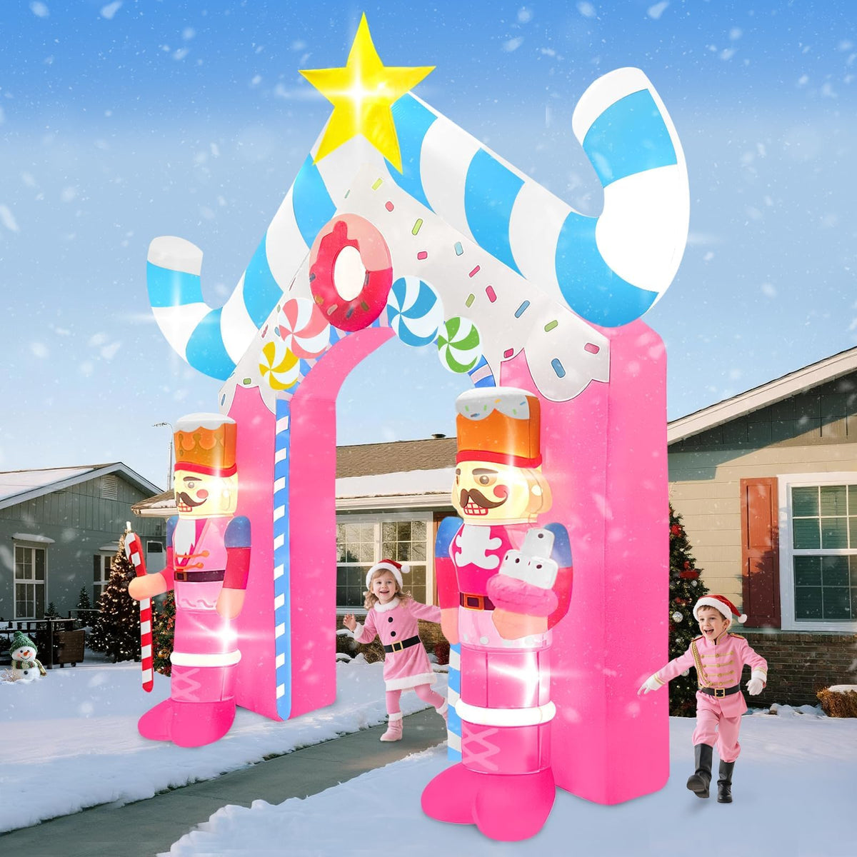 KALOLARY 12FT Archway With Pink Soldier Blow Up For Christmas Inflatable Archway - setup and accessories
