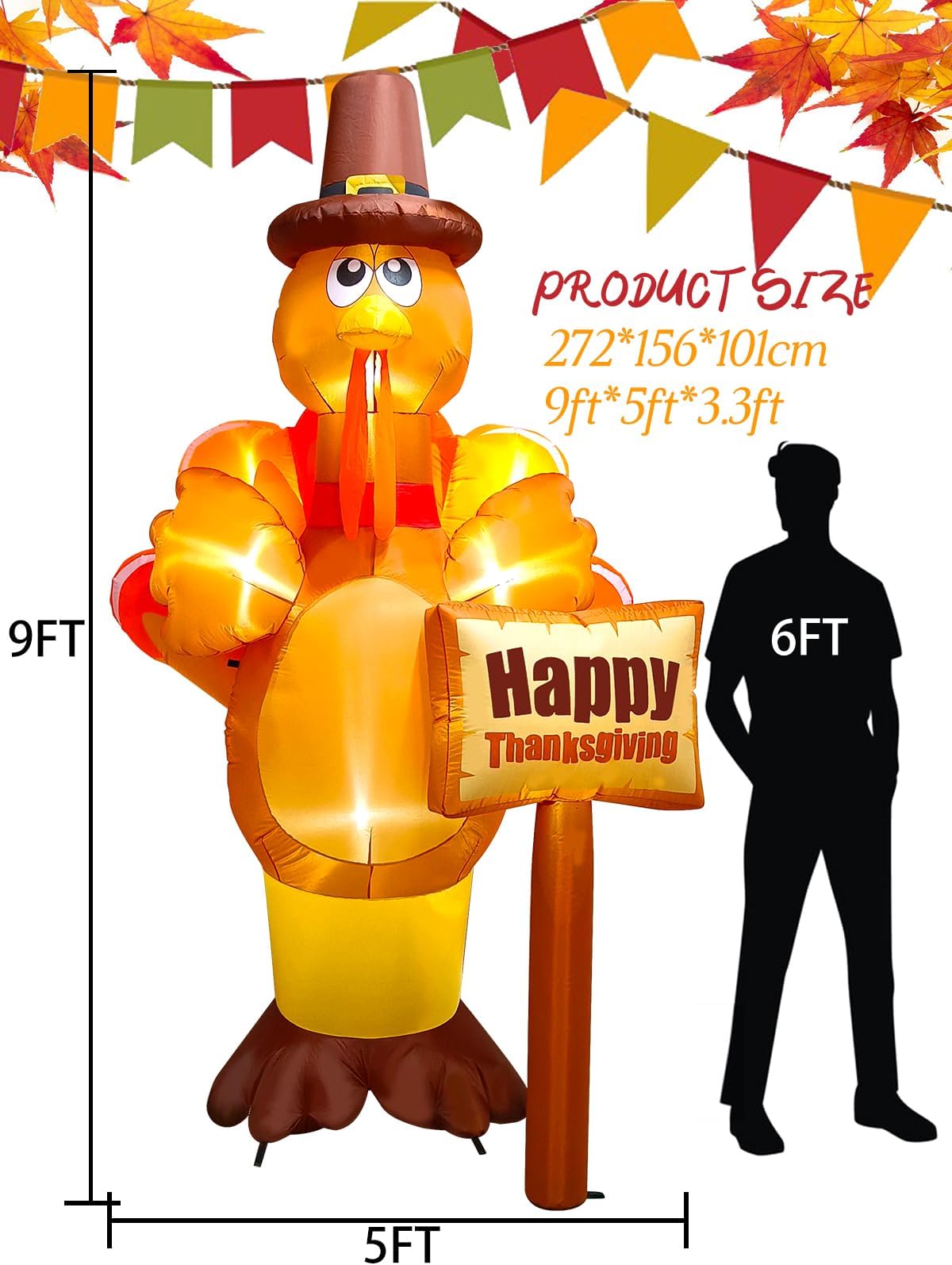 KALOLARY 9FT Turkey Holidays Yard Inflatable - lighted yard display