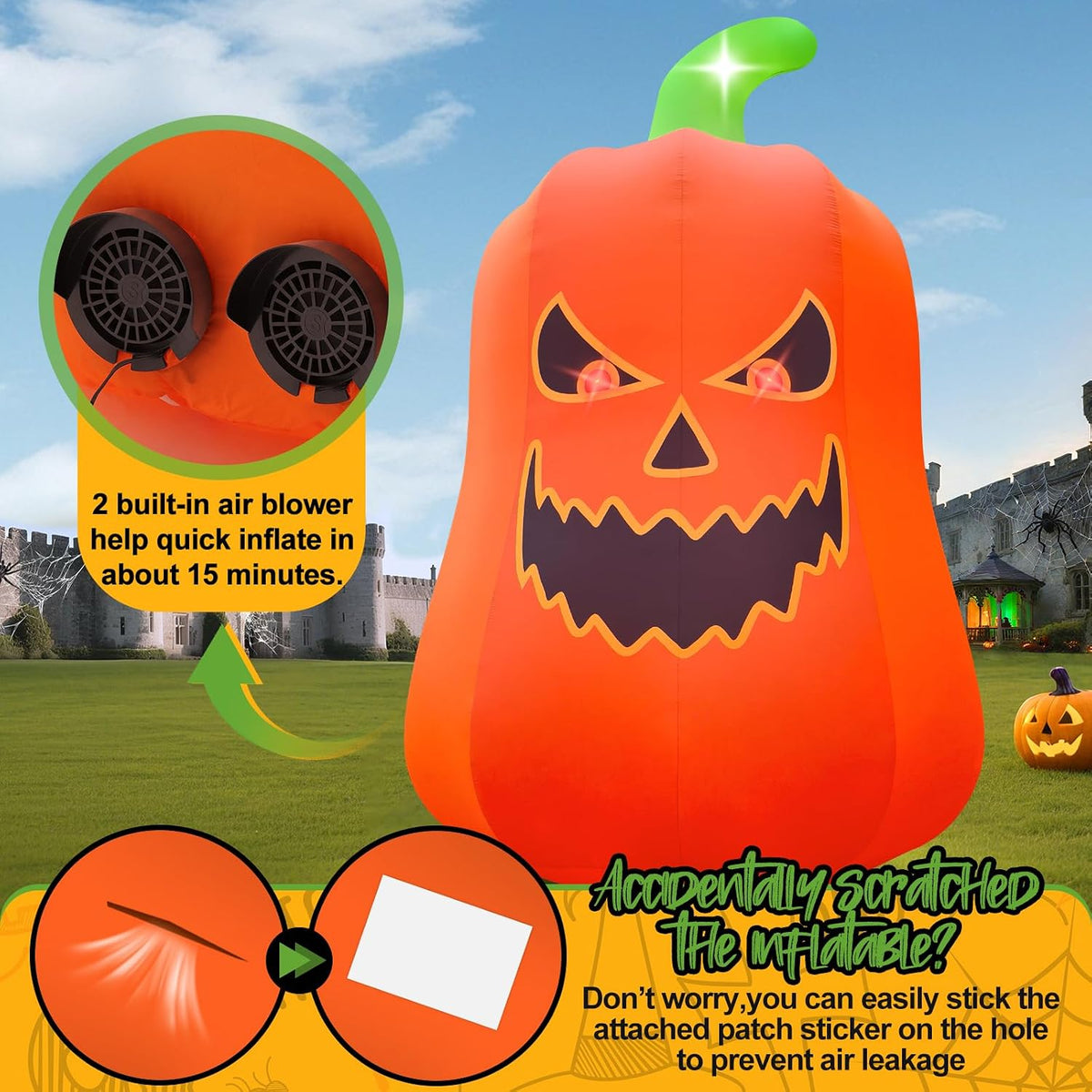 KALOLARY 20FT Giant Pumpkin Ghost Halloween Yard Inflatable - setup and accessories