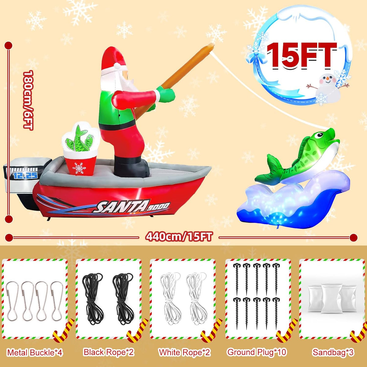 KALOLARY 15FT Fishing Santa Christmas Yard Inflatable - lighted yard display