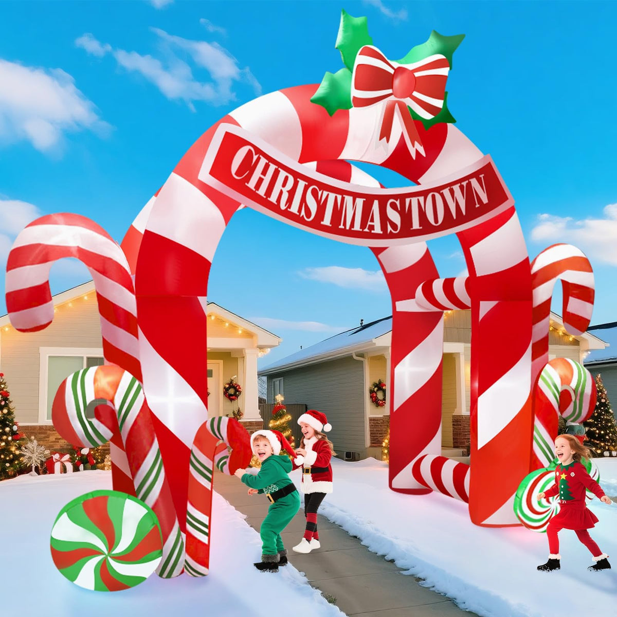 KALOLARY 13FT Candy Christmas Inflatable Archway - setup and accessories