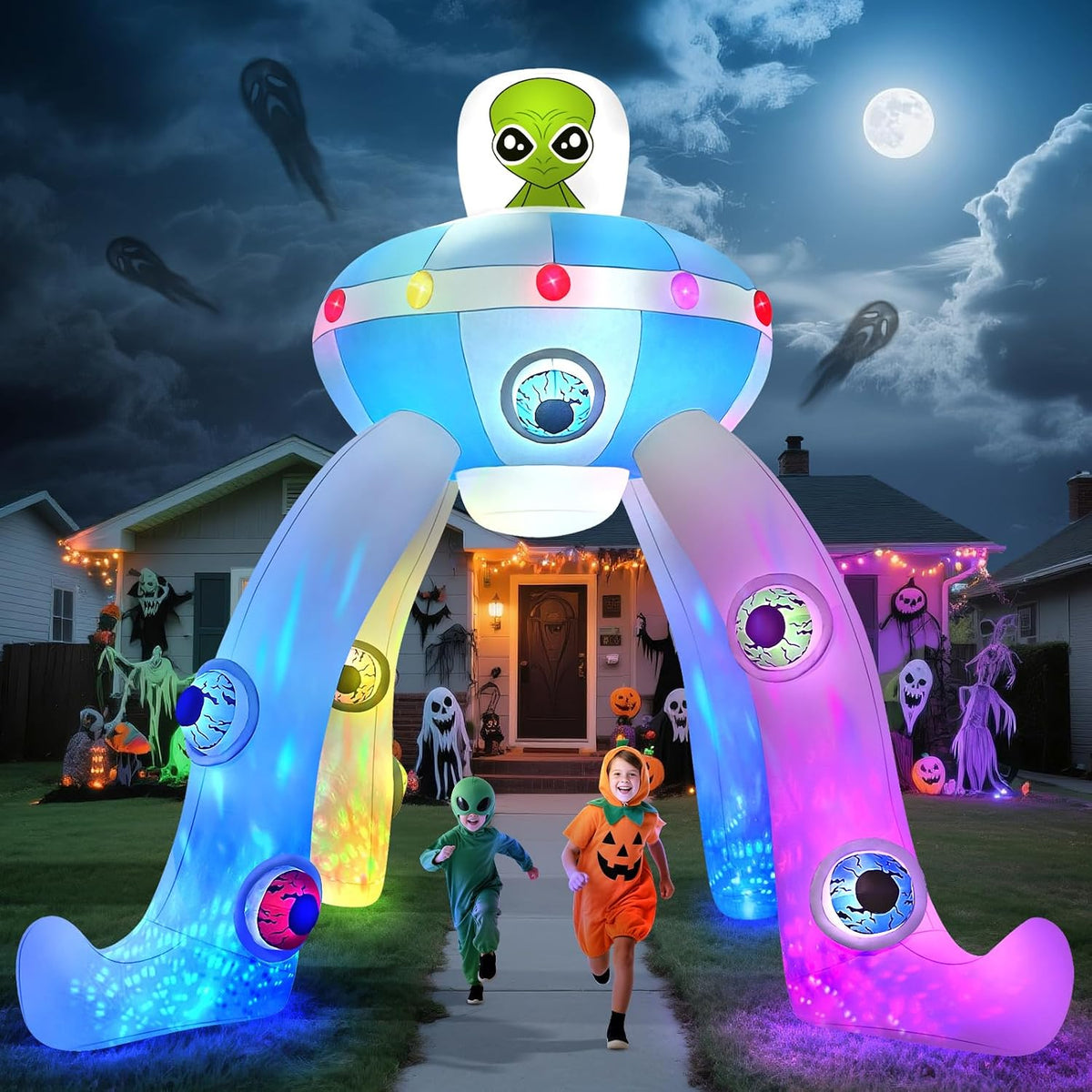 KALOLARY 12FT UFO Alien Halloween Inflatable Archway - setup and accessories
