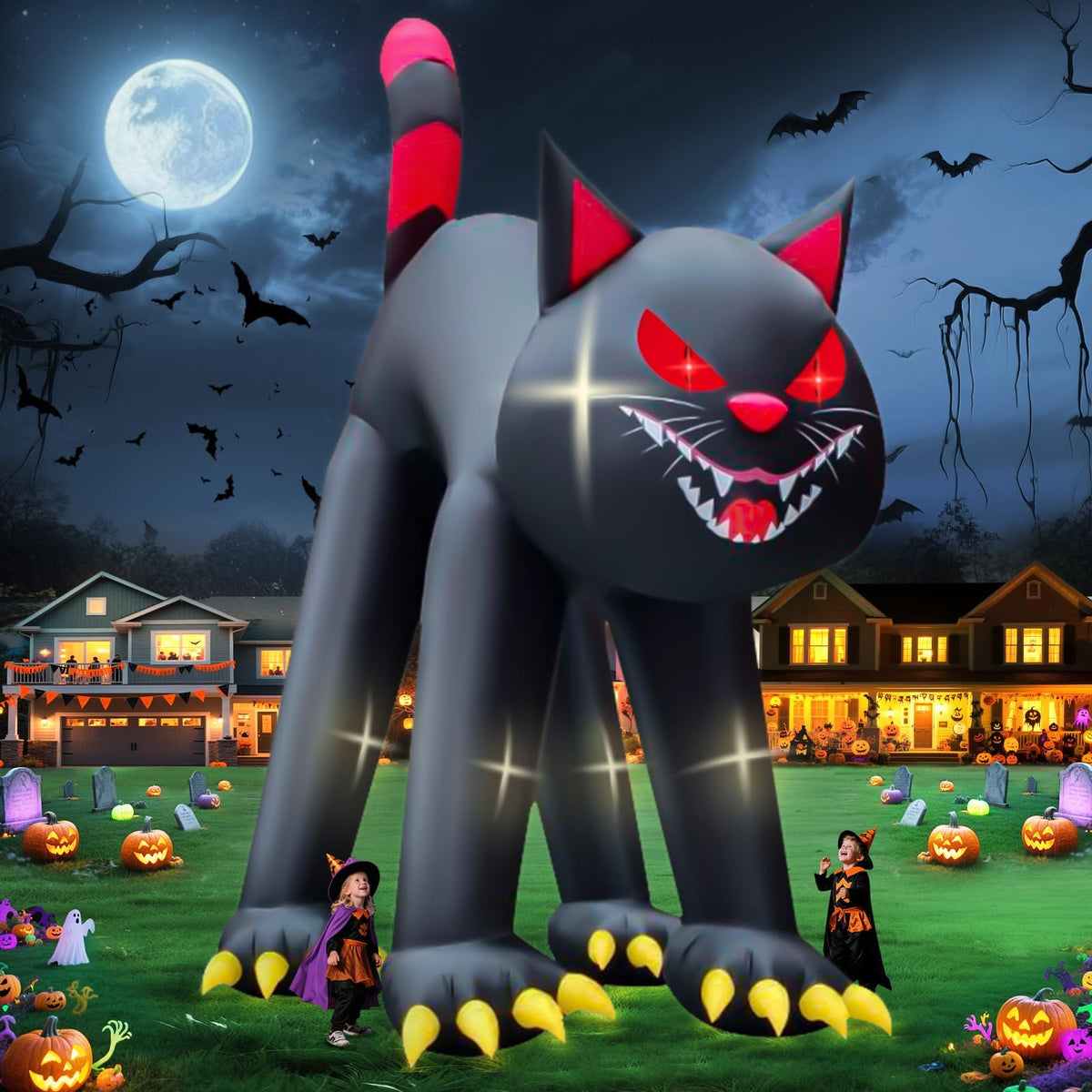 KALOLARY 20FT Giant Evil Black Cat Blow Up Scary Halloween Yard Inflatable - setup and accessories