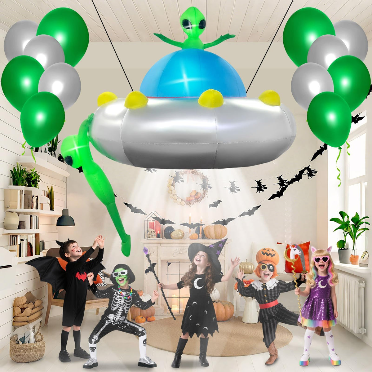 KALOLARY 6FT UFO Alien Halloween Yard Inflatable - setup and accessories