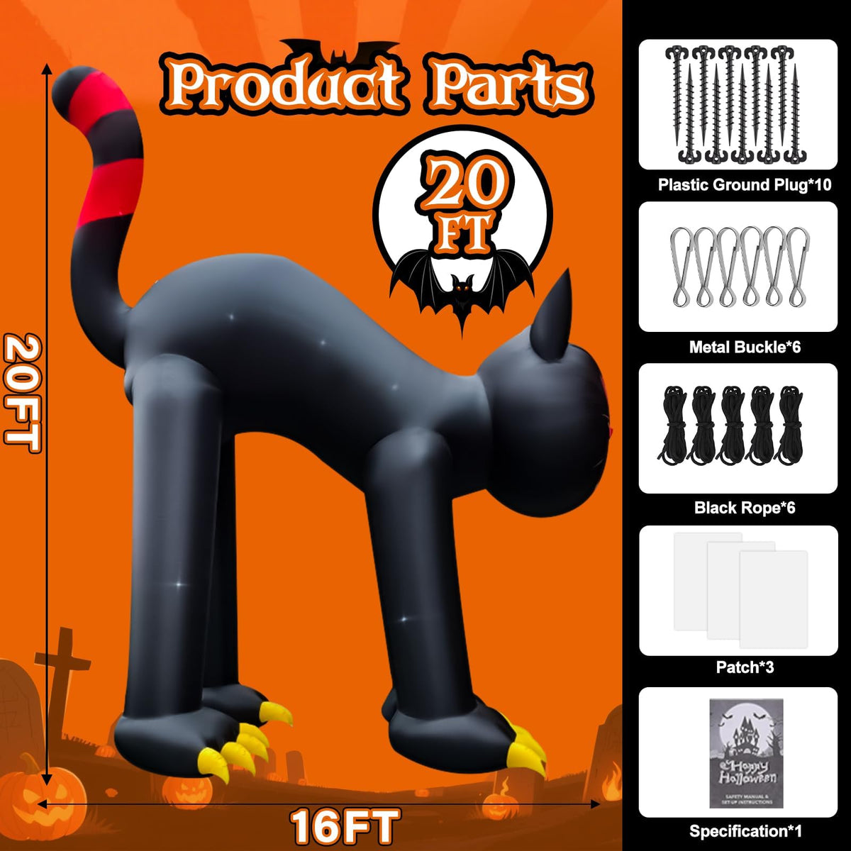 KALOLARY 20FT Giant Evil Black Cat Blow Up Scary Halloween Yard Inflatable - lighted yard display