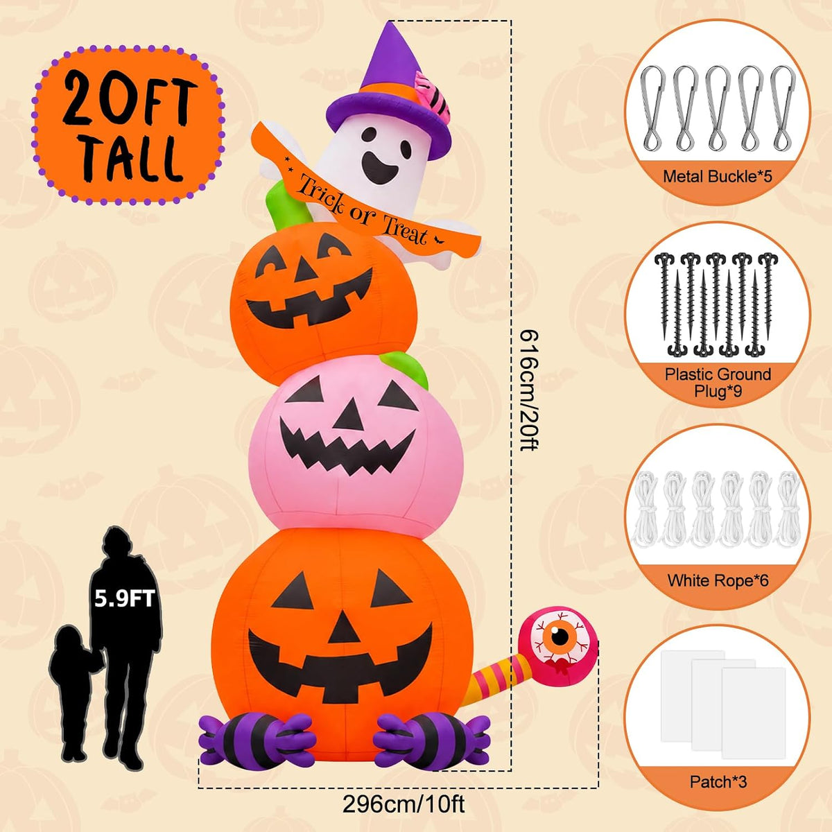 KALOLARY 20FT Stacked Pumpkin Halloween Yard Inflatable - lighted yard display