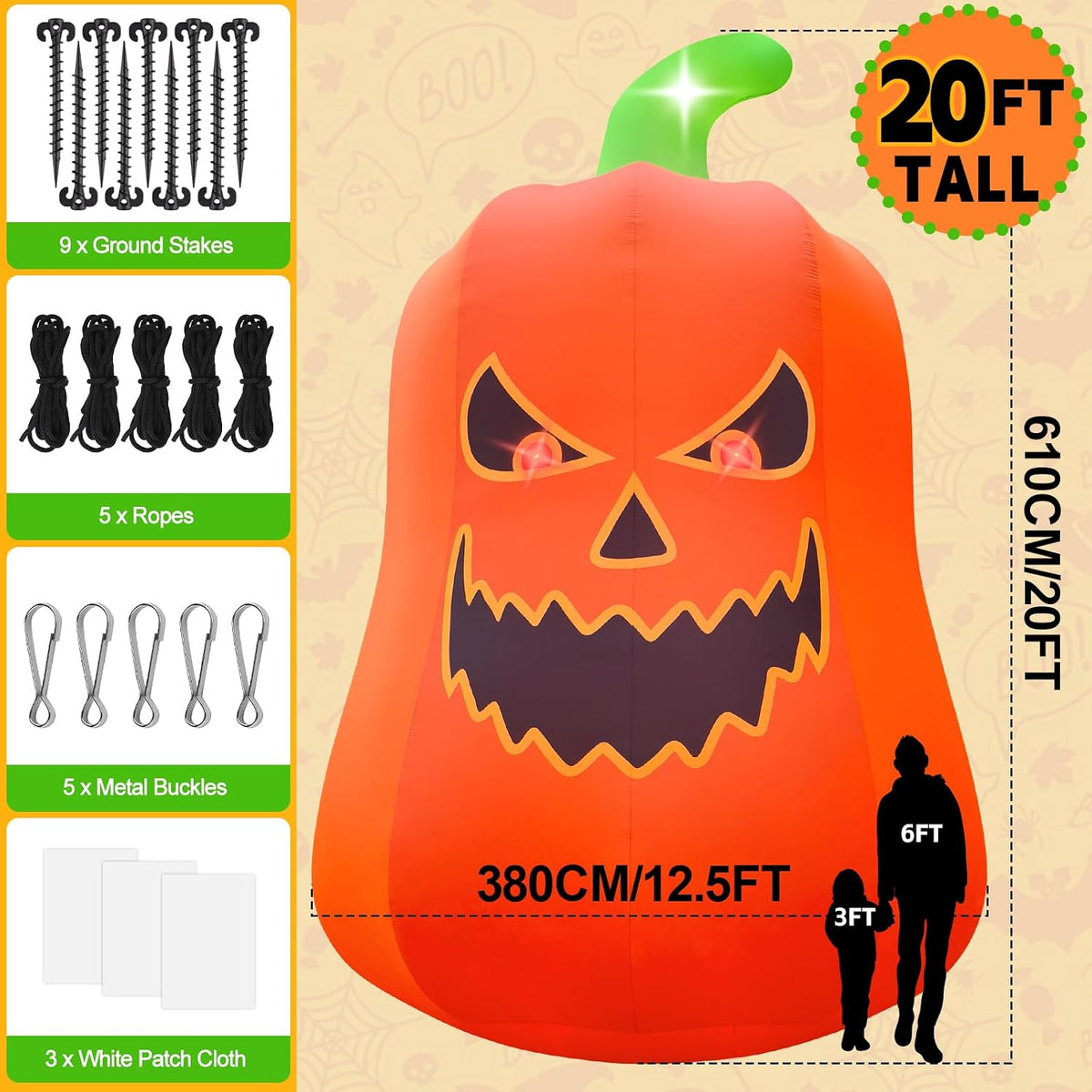 KALOLARY 20FT Giant Pumpkin Ghost Halloween Yard Inflatable - lighted yard display