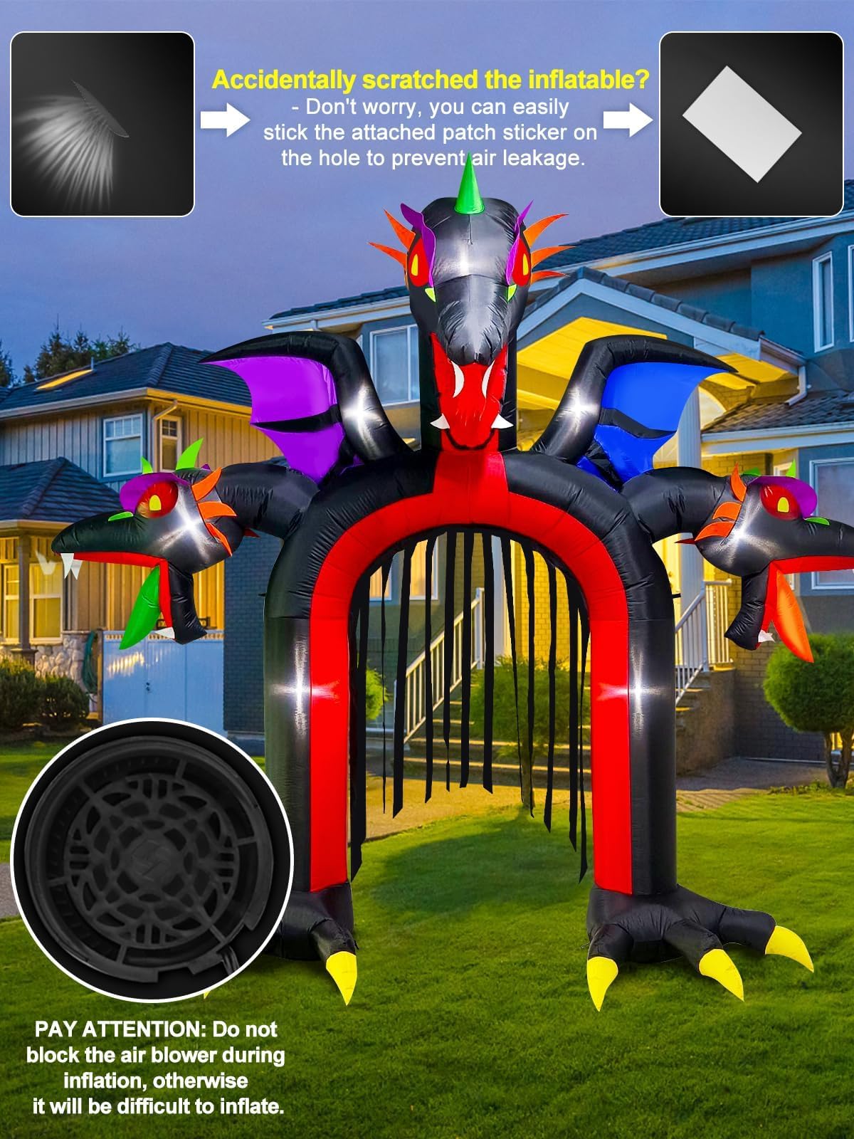 KALOLARY 10FT Arch For Three-headed Dragon With Wings Big Halloween Inflatable Archway - setup and accessories