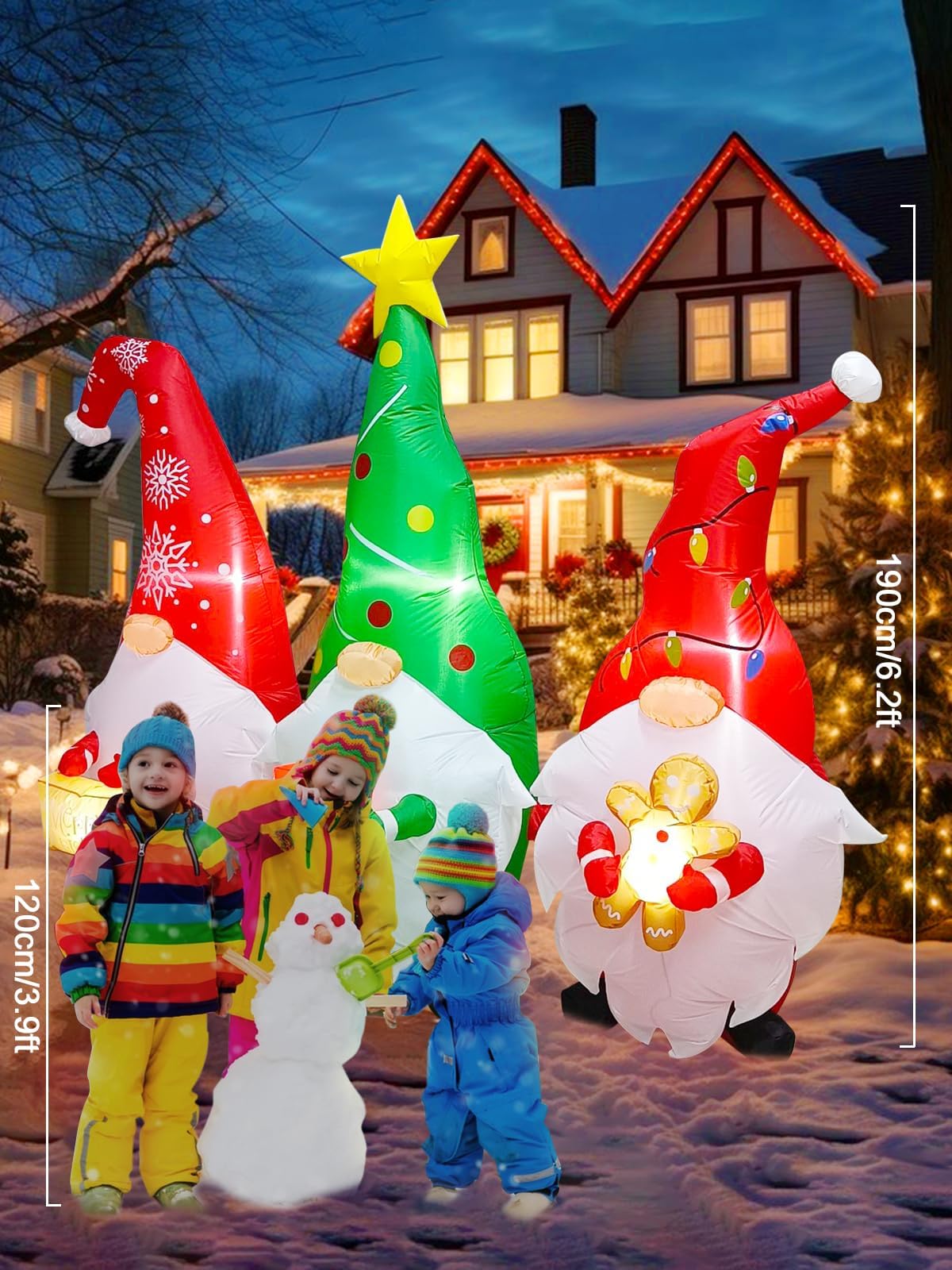 KALOLARY 4FT 7 Dmuchane Dekoracje Świąteczne 3 Gnomy Trzymające Holidays Yard Inflatable - size reference
