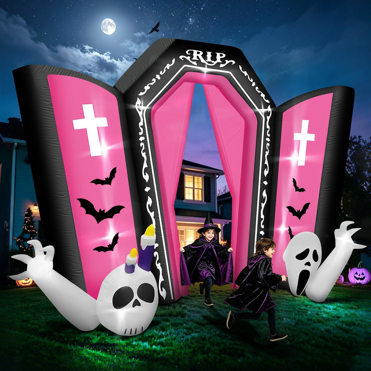 KALOLARY 12.5FT Spooky Gravestone Pink Tombstone Blow Up Scary Halloween Yard Inflatable - outdoor scene