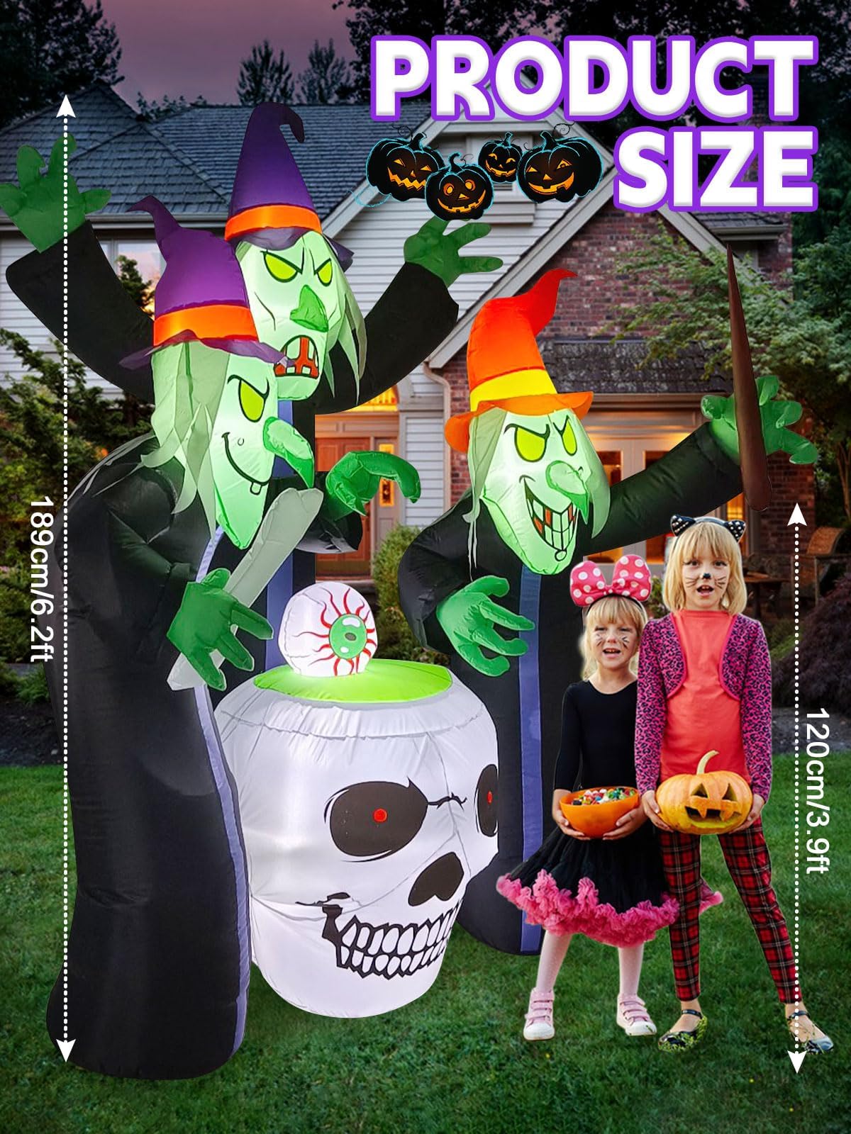KALOLARY 6.2FT High Three Witch Around Cauldron Blow Up Halloween Yard Inflatable - lighted yard display