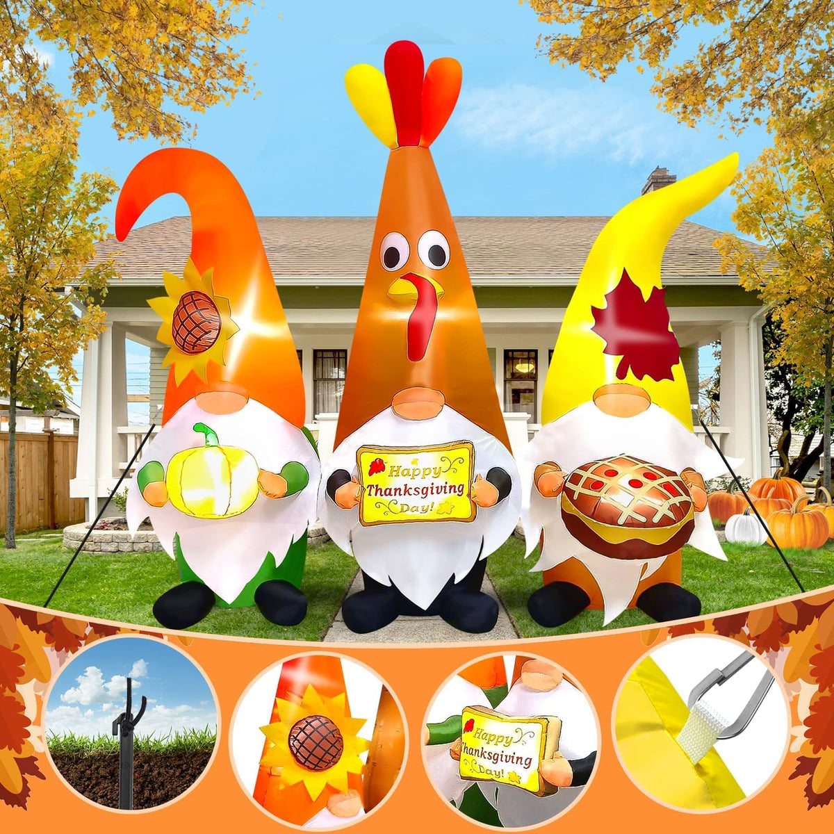 KALOLARY 7FT Thanksgiving Day With Thanksgiving Three Gnome Fall Holidays Yard Inflatable - size reference