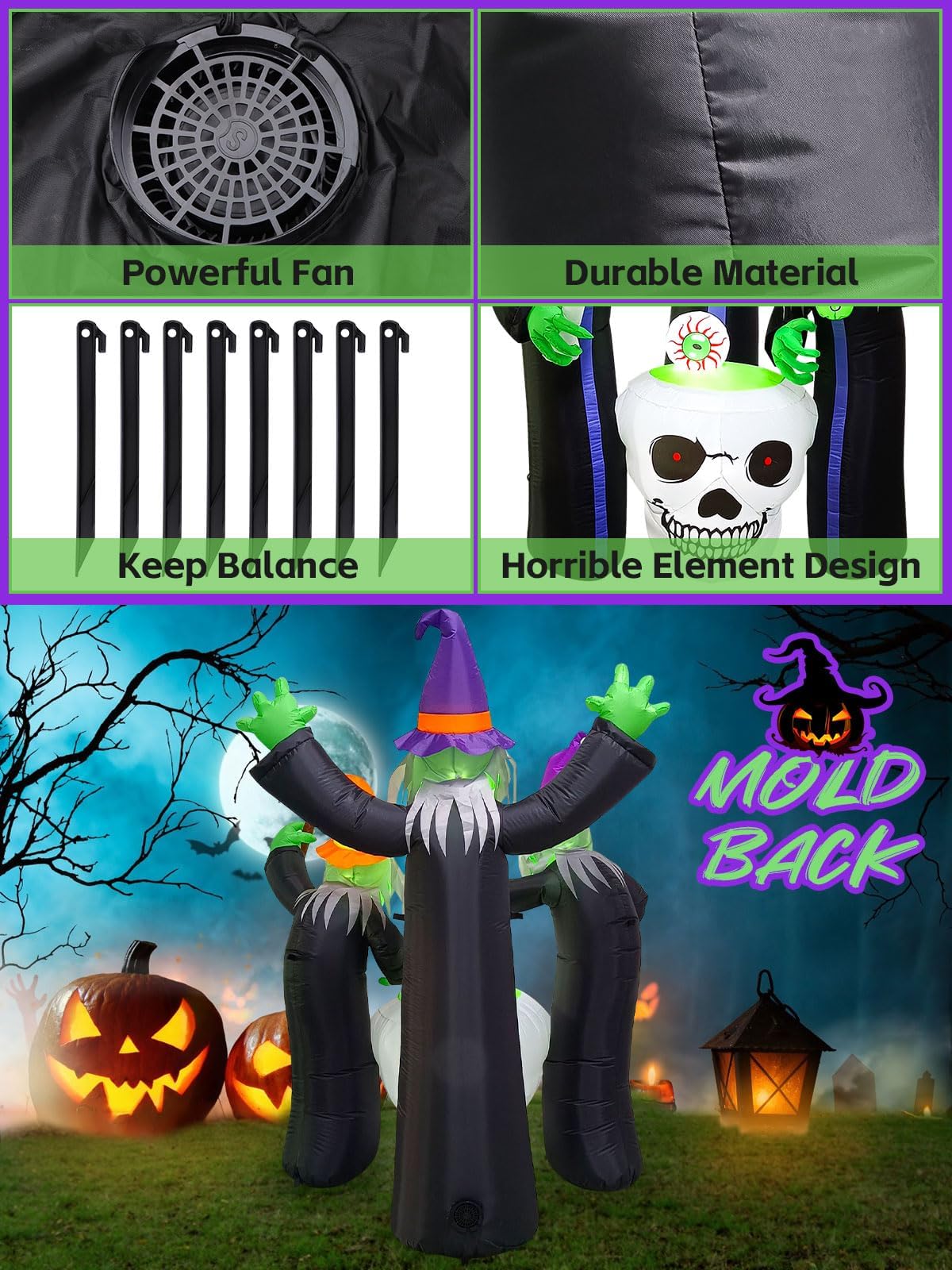 KALOLARY 6.2FT High Three Witch Around Cauldron Blow Up Halloween Yard Inflatable - size reference