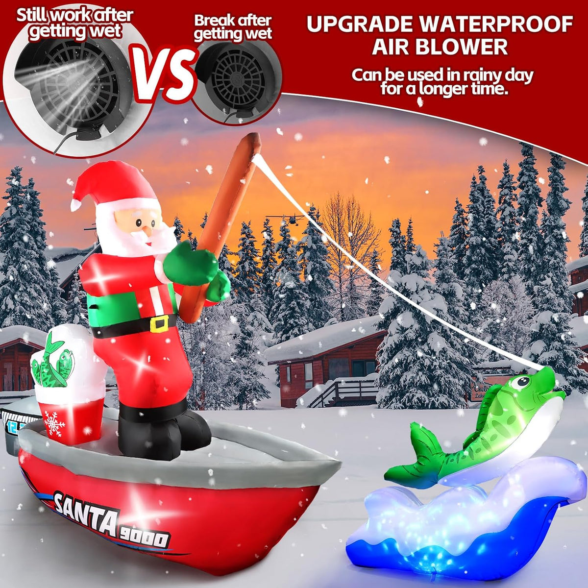 KALOLARY 15FT Fishing Santa Christmas Yard Inflatable - setup and accessories