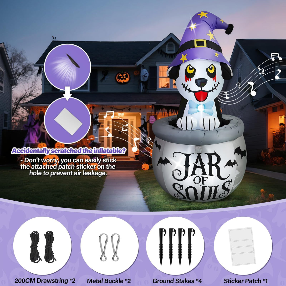 KALOLARY 7FT Aufblasfiguren – Animierter Welpe Mit Musik Hund Halloween Yard Inflatable - outdoor scene