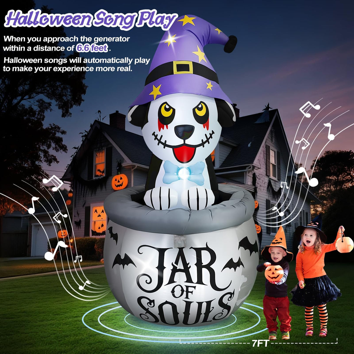 KALOLARY 7FT Aufblasfiguren – Animierter Welpe Mit Musik Hund Halloween Yard Inflatable - lighted yard display
