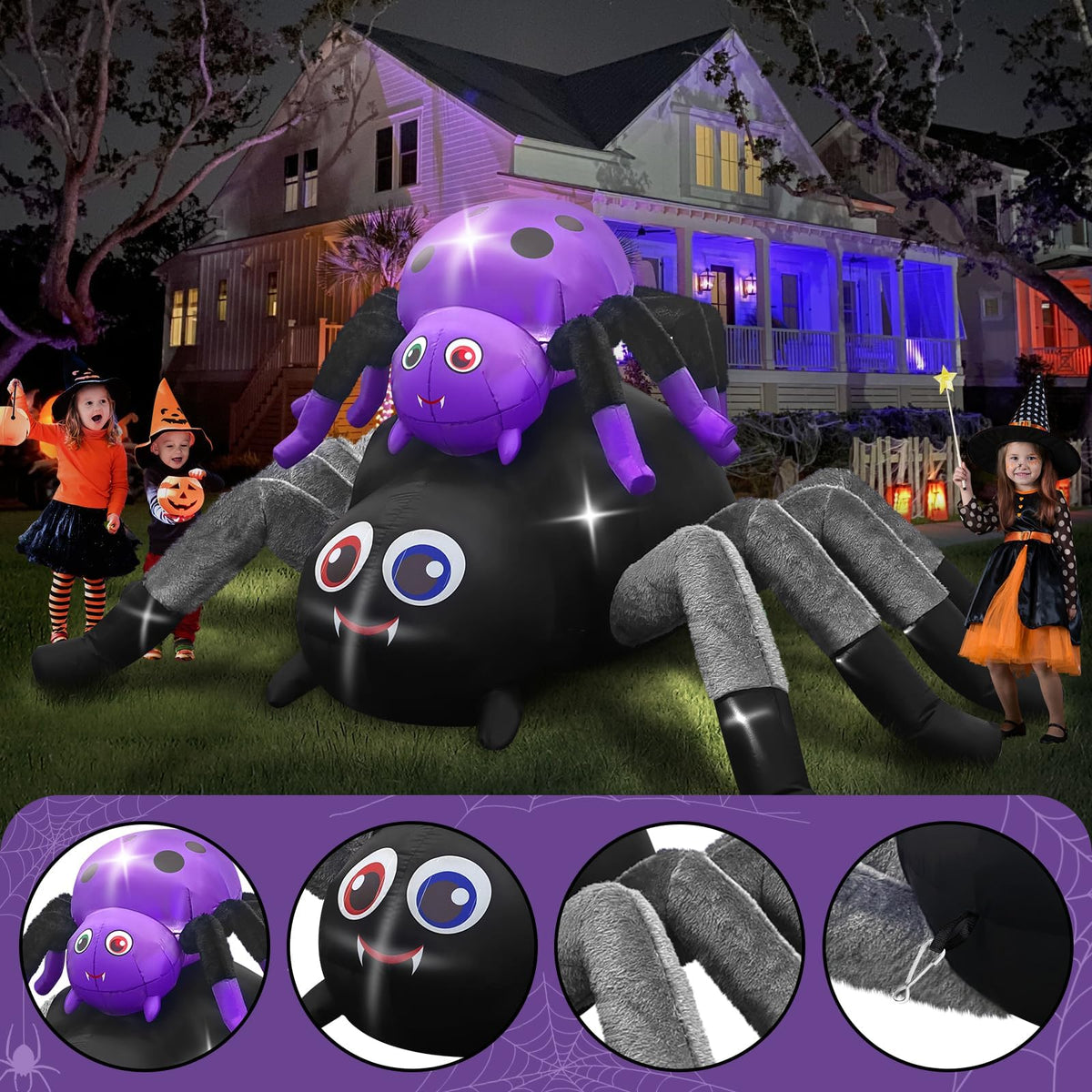 KALOLARY 10FT Length Double Spider With Furry Legs Halloween Yard Inflatable - detail view