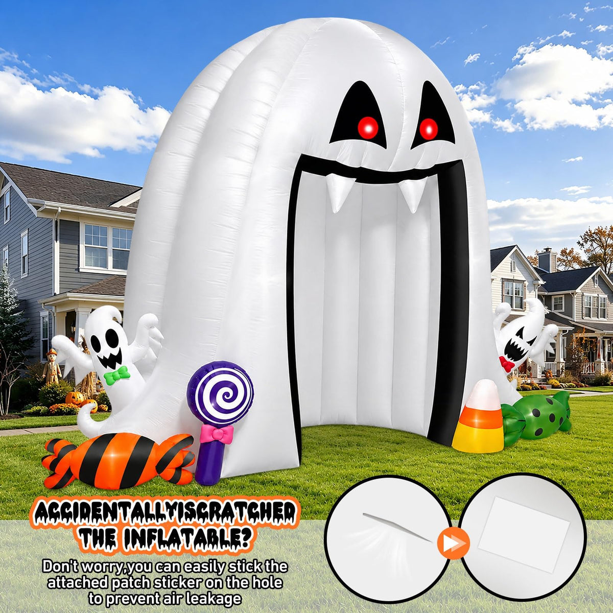 KALOLARY 12.5FT Ghost Halloween Inflatable Archway - setup and accessories