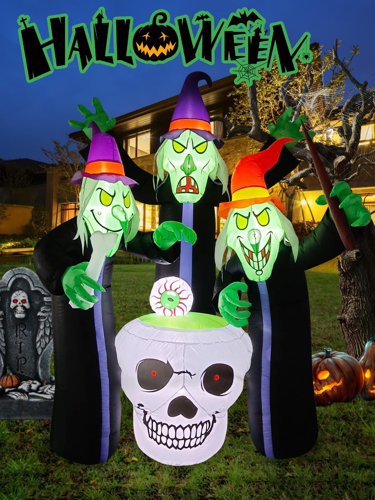KALOLARY 6.2FT High Three Witch Around Cauldron Blow Up Halloween Yard Inflatable - package contents