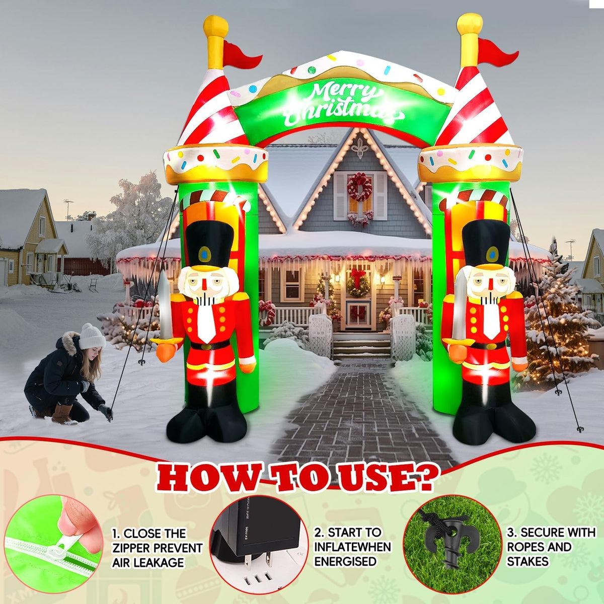 KALOLARY 9FT Nutcracker Christmas Inflatable Archway - setup and accessories