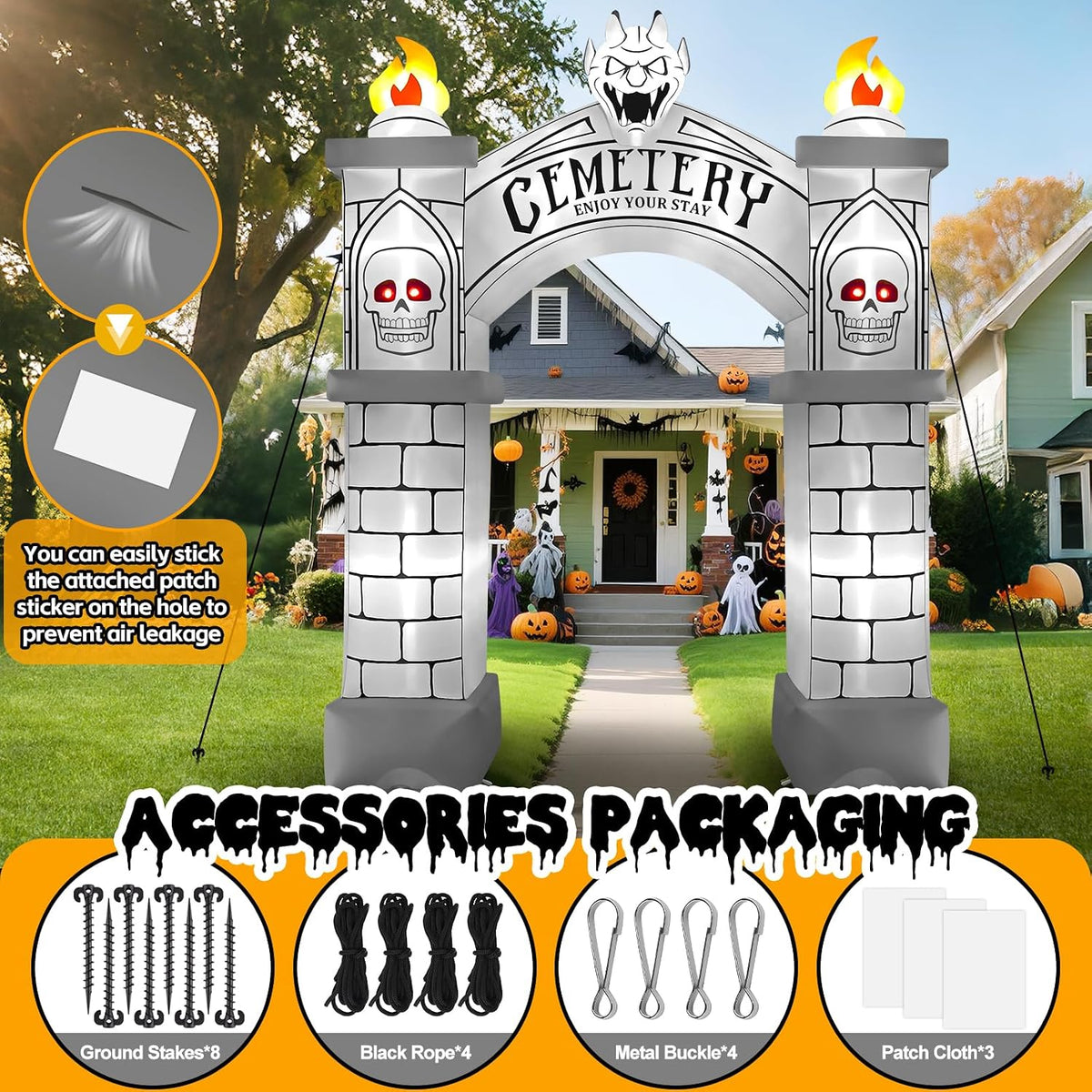 KALOLARY 10FT Cemetery Halloween Inflatable Archway - package contents