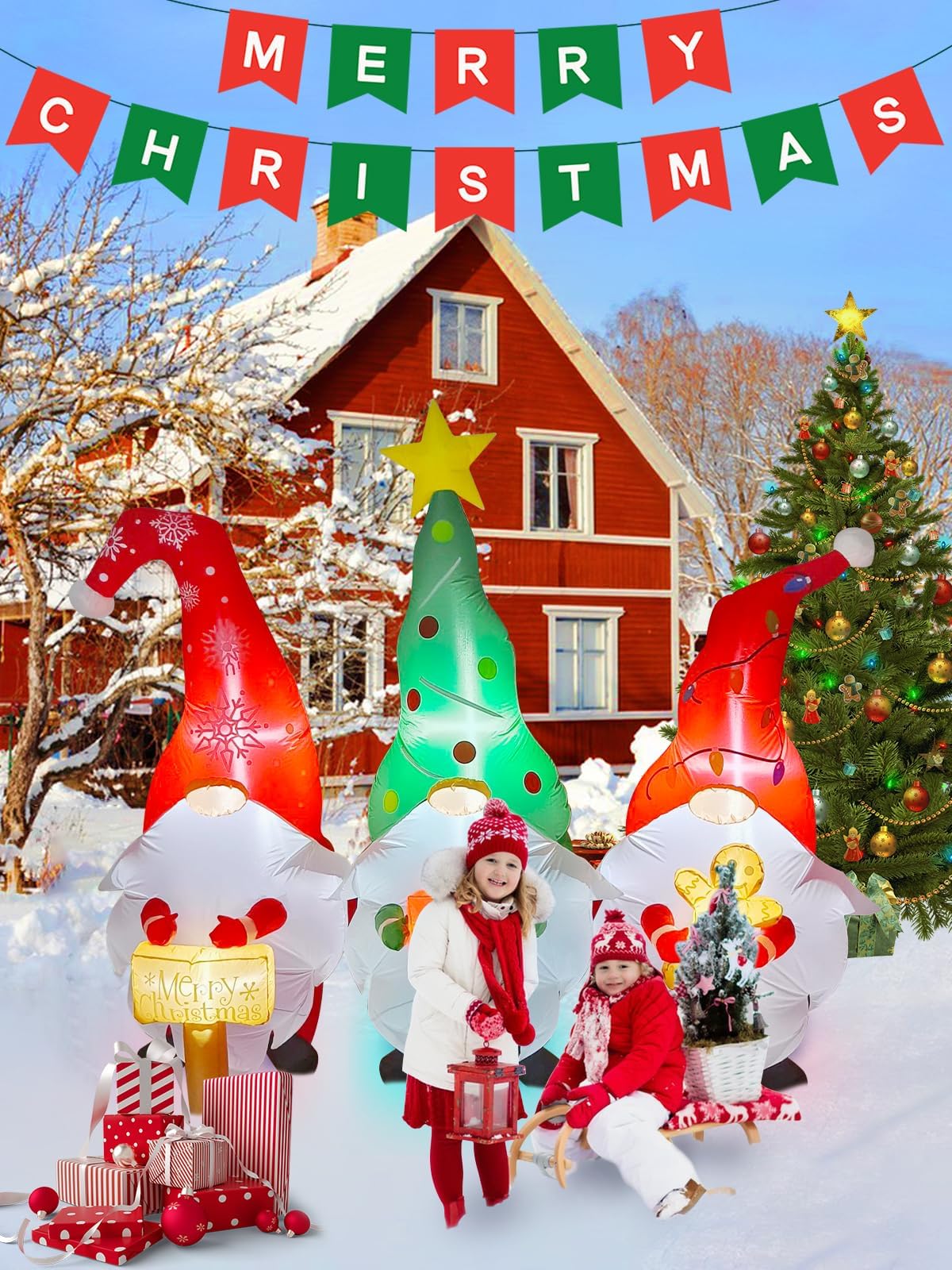 KALOLARY 4FT 7 Dmuchane Dekoracje Świąteczne 3 Gnomy Trzymające Holidays Yard Inflatable - lighted yard display