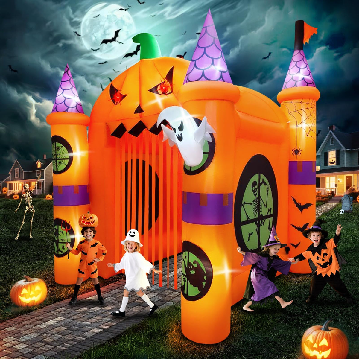 KALOLARY 12FT Pumpkin Halloween Inflatable Archway - setup and accessories