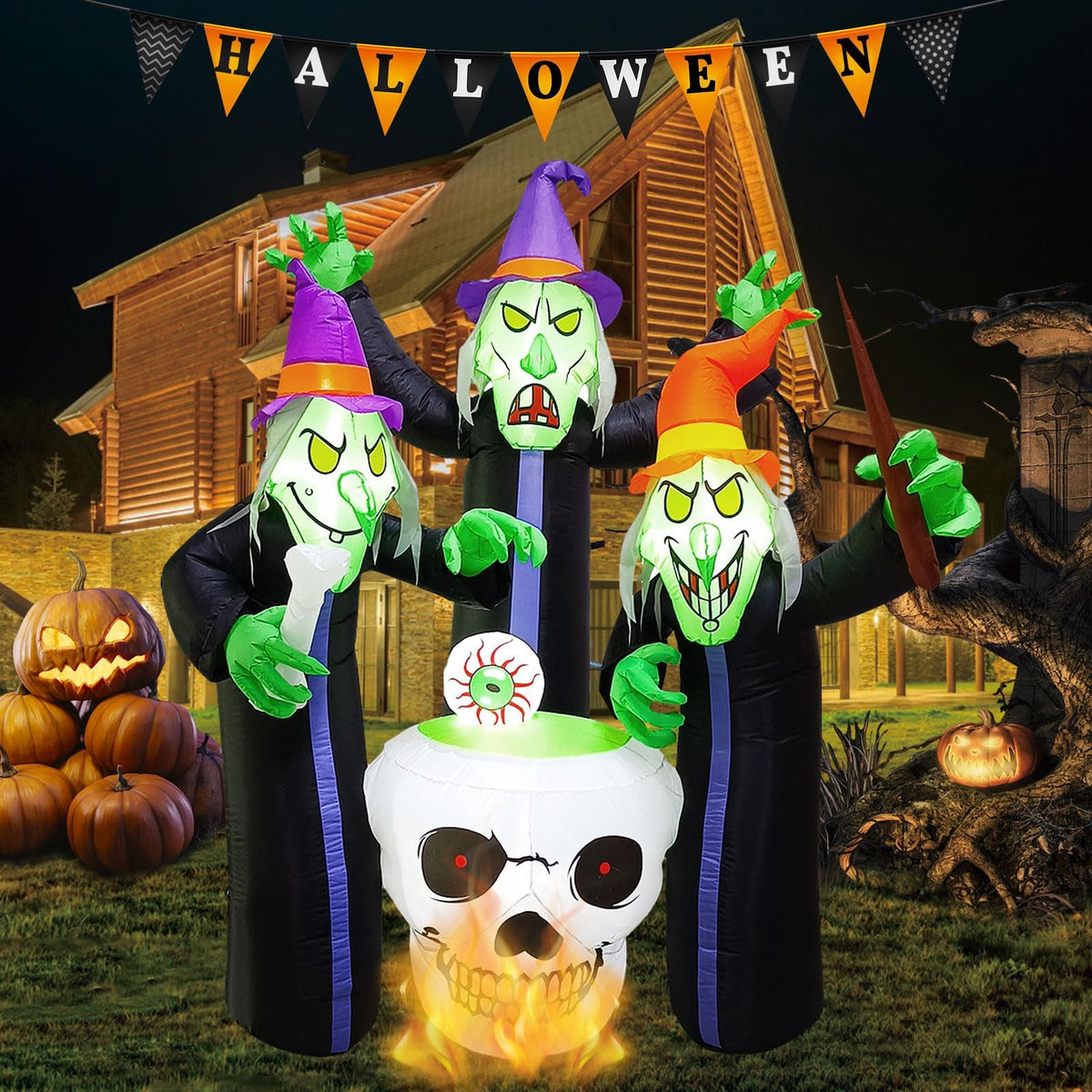 KALOLARY 6.2FT High Three Witch Around Cauldron Blow Up Halloween Yard Inflatable - main product view