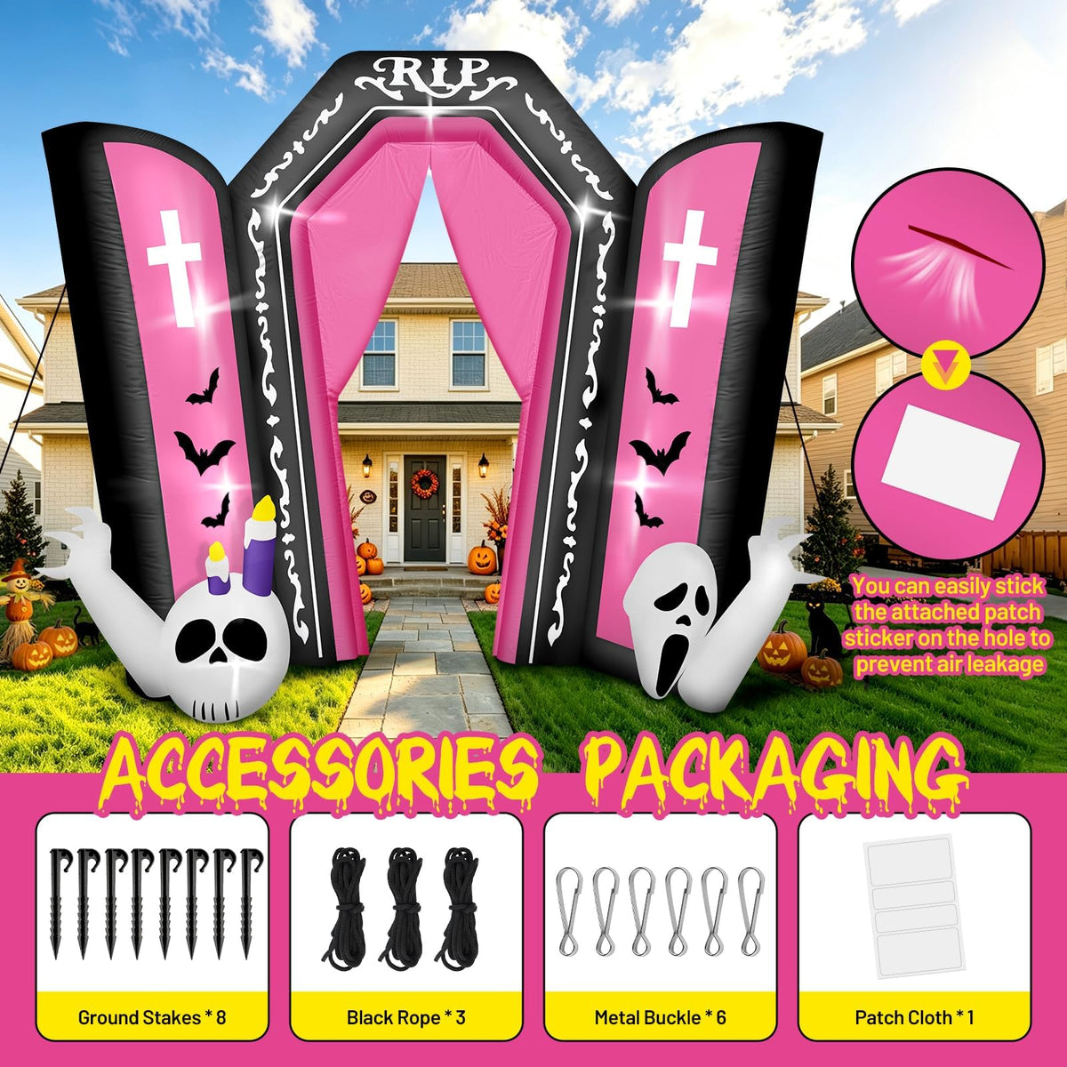 KALOLARY 12.5FT Spooky Gravestone Pink Tombstone Blow Up Scary Halloween Yard Inflatable - size reference
