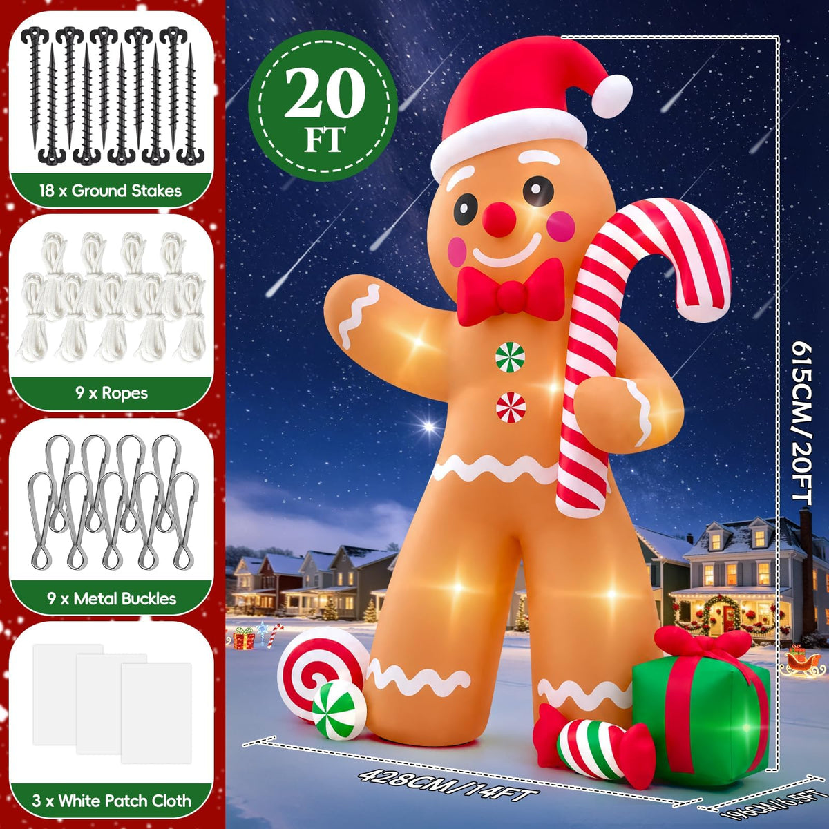 KALOLARY 20FT Gingerbread Man Christmas Yard Inflatable - lighted yard display