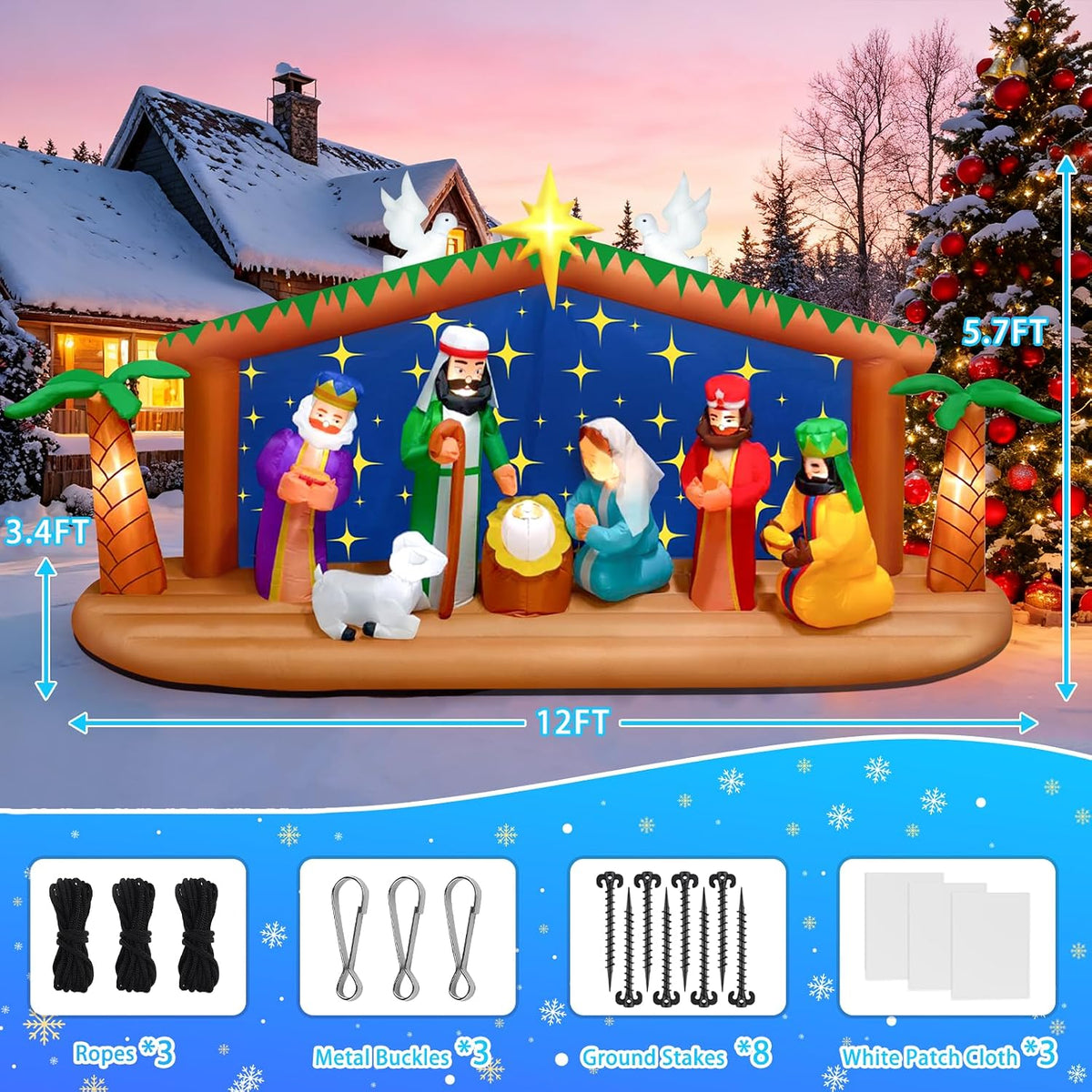 KALOLARY 12FT Nativity Scene Christmas Yard Inflatable - lighted yard display