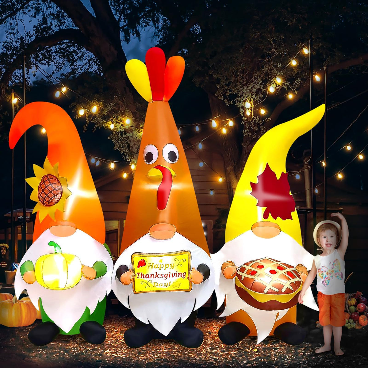 KALOLARY 7FT Thanksgiving Day With Thanksgiving Three Gnome Fall Holidays Yard Inflatable - setup and accessories