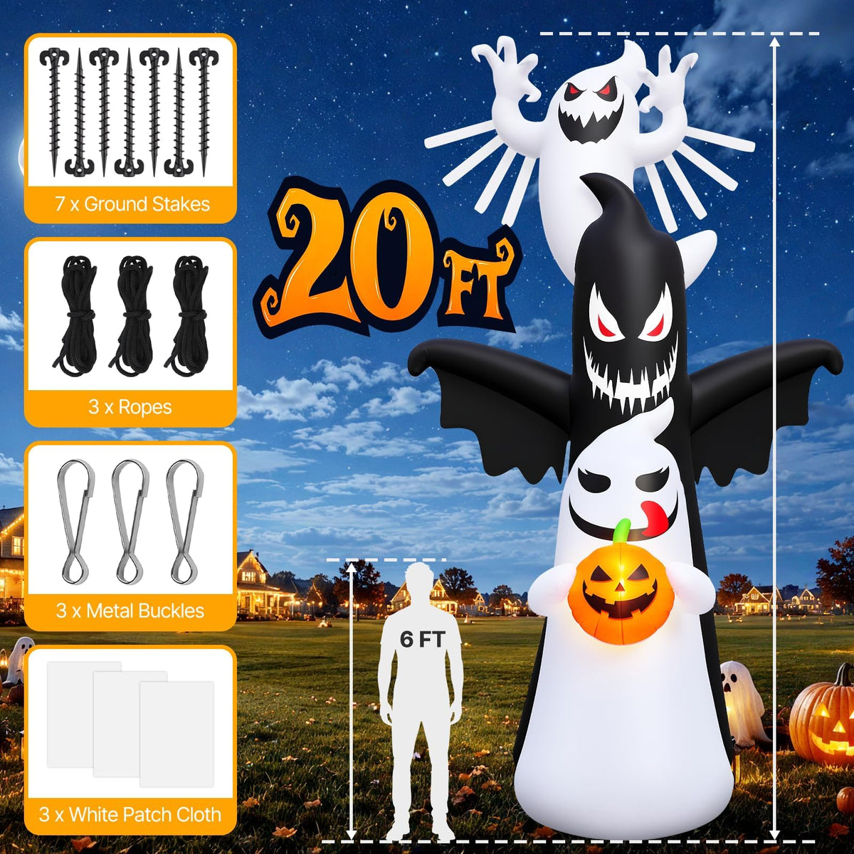 KALOLARY 20FT Ghost Halloween Yard Inflatable - lighted yard display