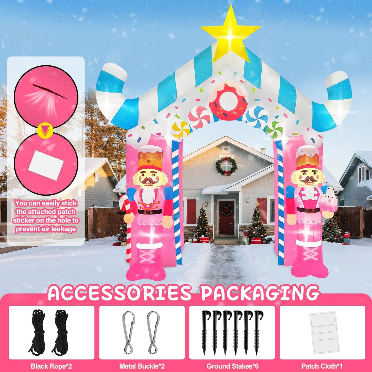 KALOLARY 12FT Archway With Pink Soldier Blow Up For Christmas Inflatable Archway - lighted yard display
