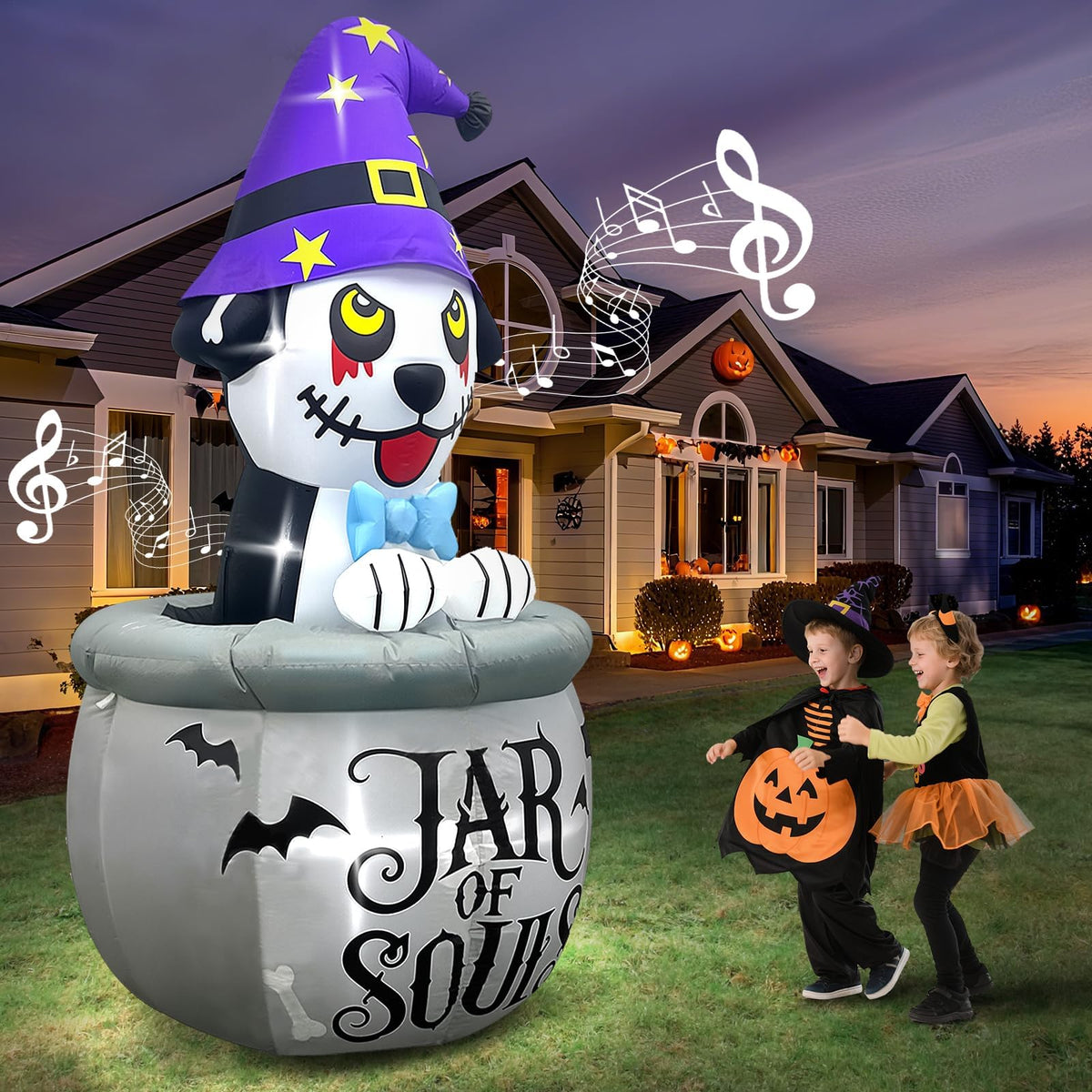KALOLARY 7FT Aufblasfiguren – Animierter Welpe Mit Musik Hund Halloween Yard Inflatable - package contents