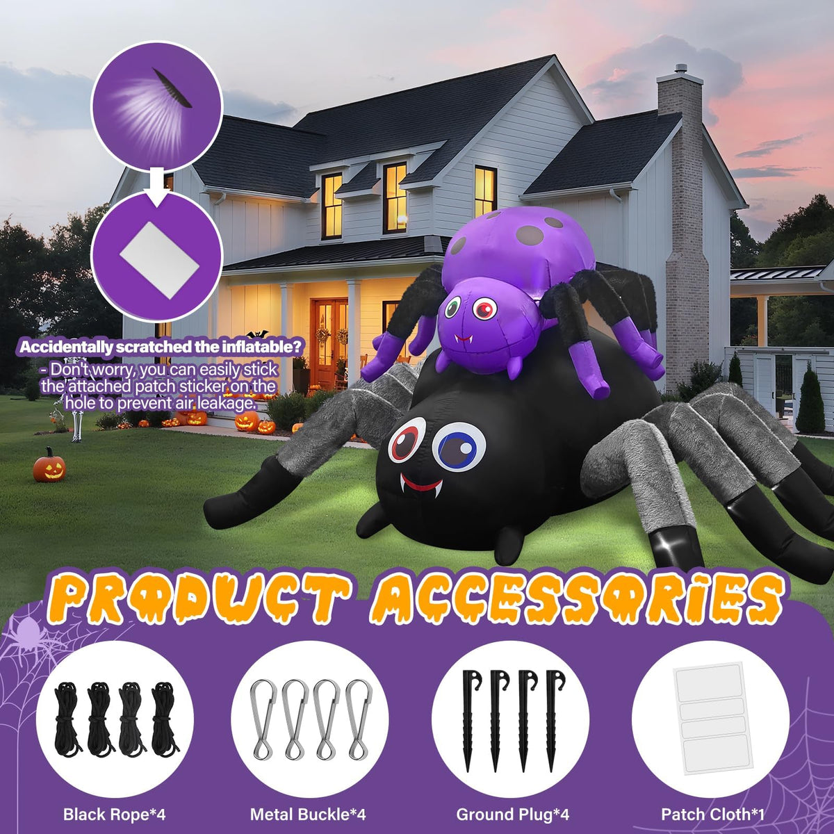KALOLARY 10FT Length Double Spider With Furry Legs Halloween Yard Inflatable - size reference