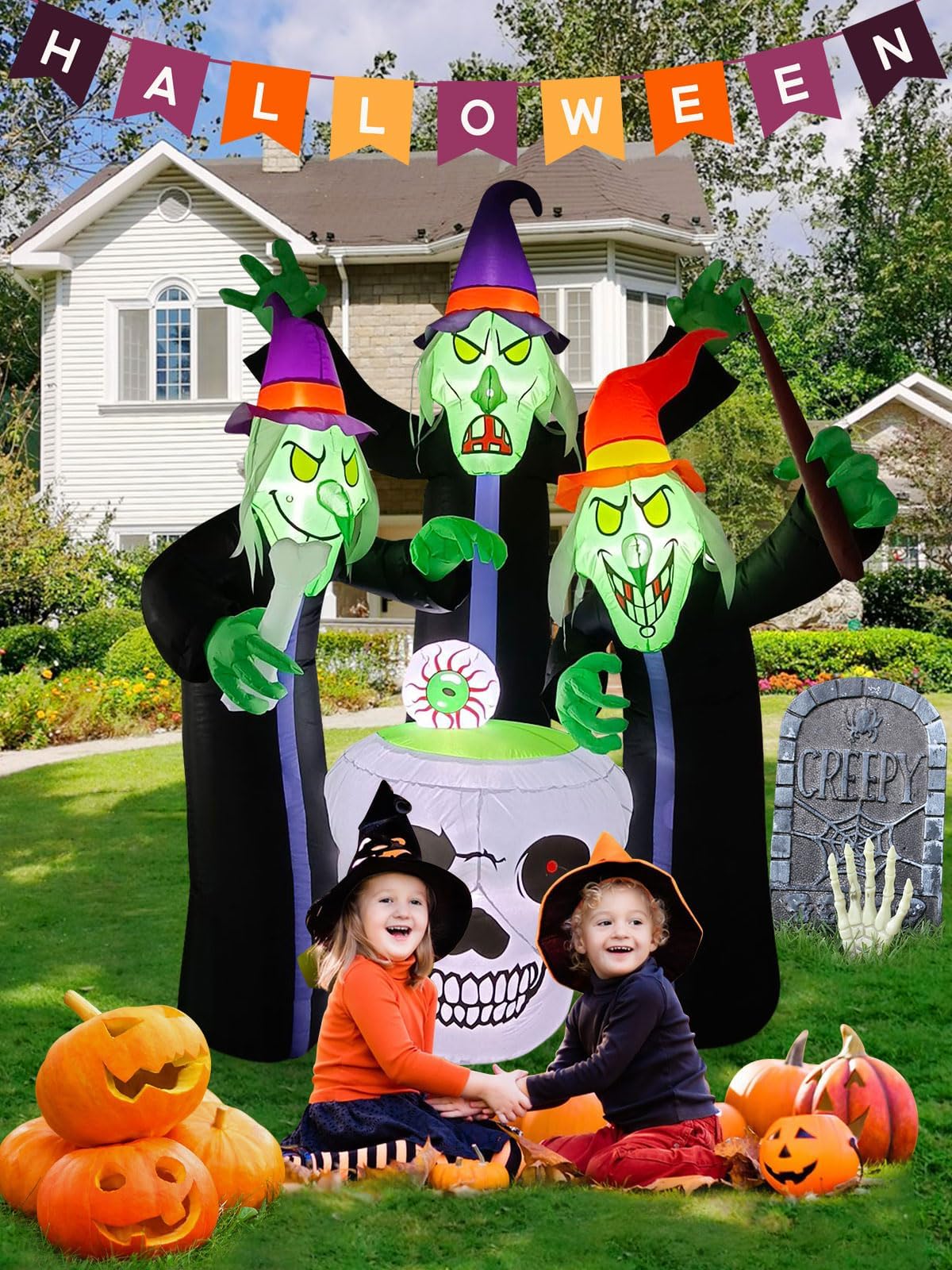 KALOLARY 6.2FT High Three Witch Around Cauldron Blow Up Halloween Yard Inflatable - setup and accessories