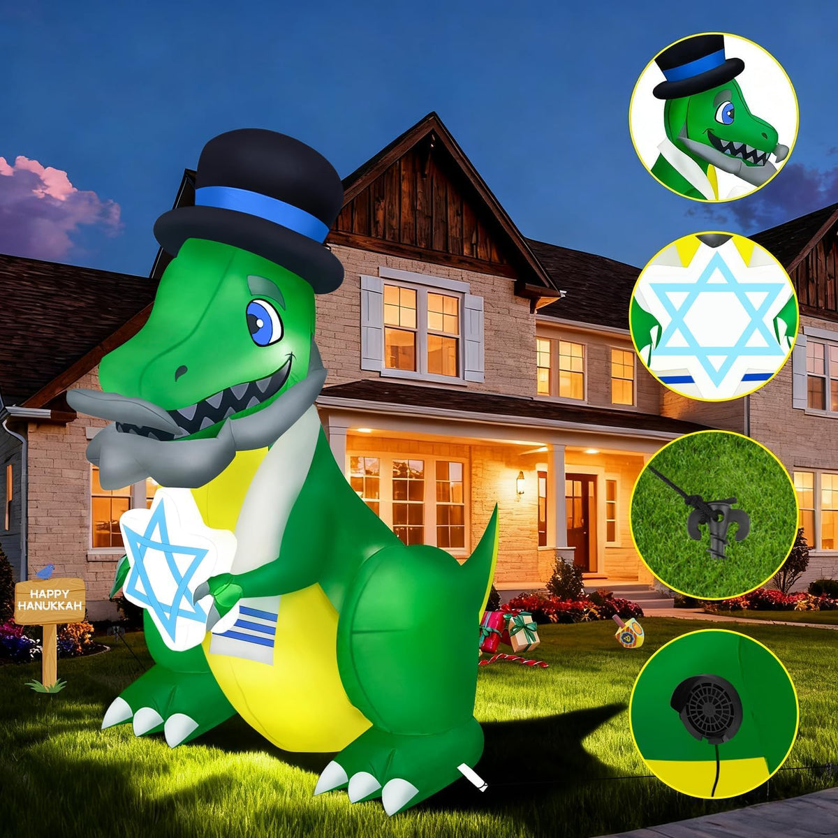KALOLARY Hanukkah Dragon Dinosaur Blow Up Leds For Christmas Yard Inflatable - setup and accessories