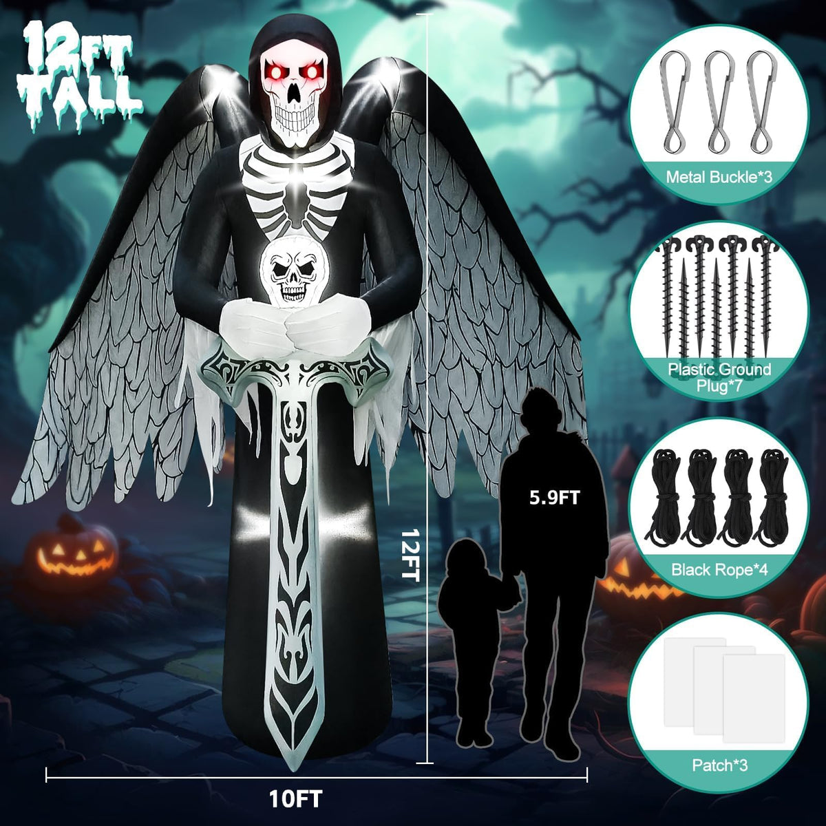 KALOLARY 12FT Skeleton Halloween Yard Inflatable - lighted yard display