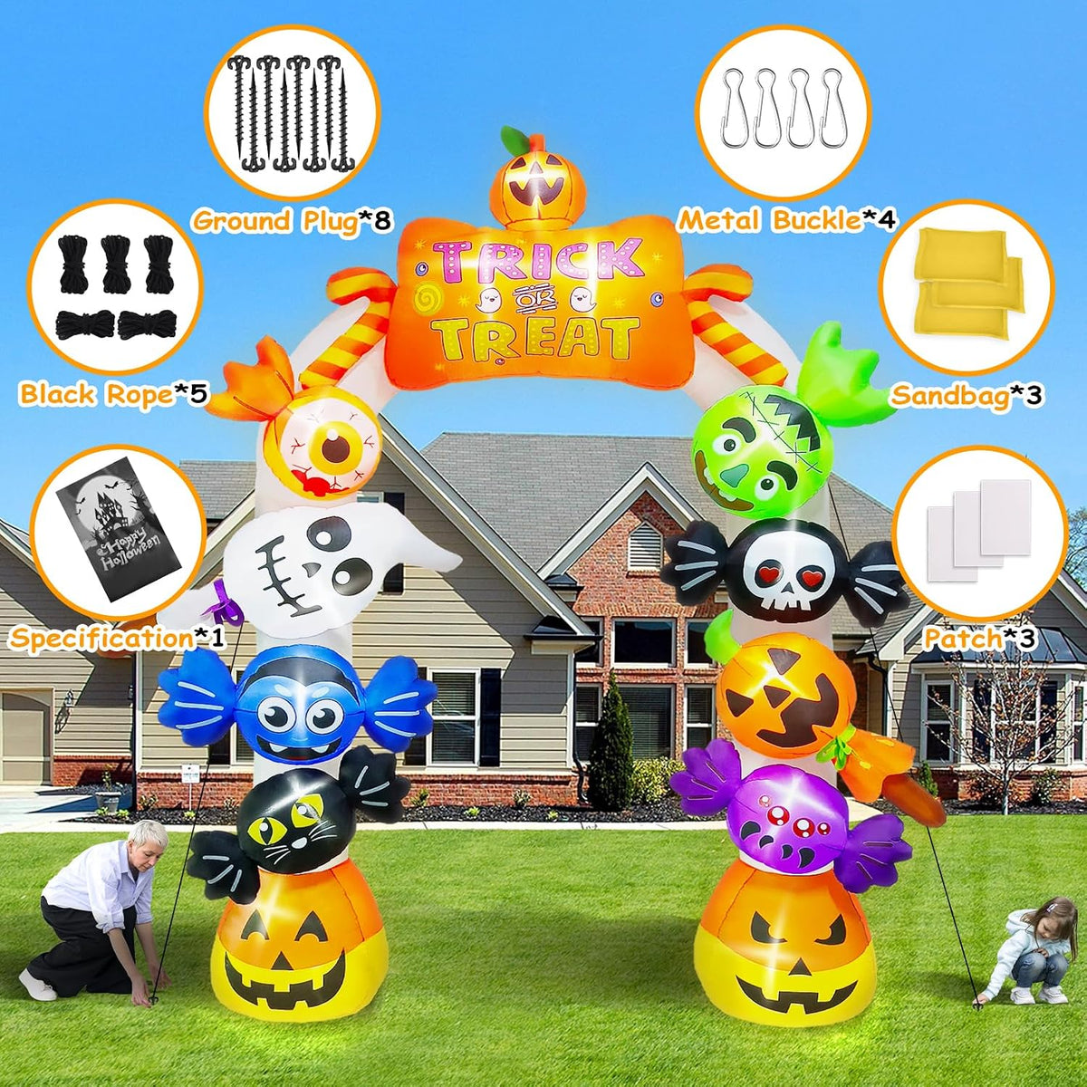 KALOLARY 10FT Candy Ghost Halloween Inflatable Archway - setup and accessories