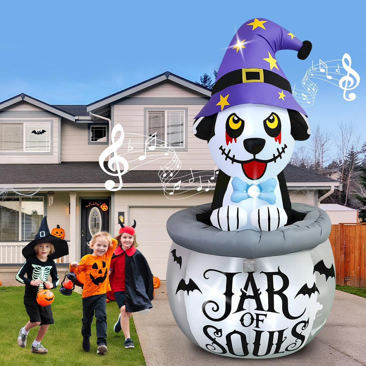 KALOLARY 7FT Aufblasfiguren – Animierter Welpe Mit Musik Hund Halloween Yard Inflatable - setup and accessories