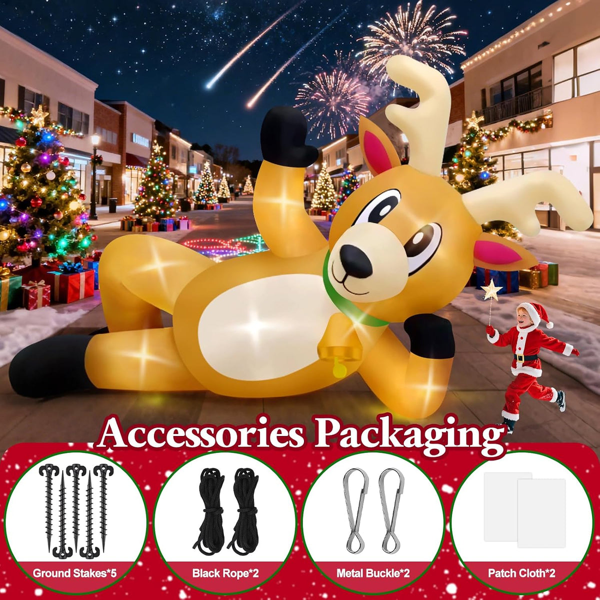 KALOLARY 10.5FT Lying Reindeer Christmas Yard Inflatable - setup and accessories